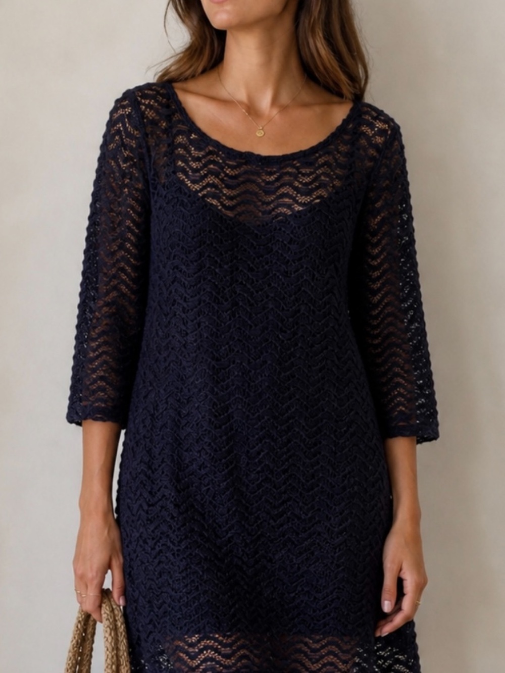 Halo Blue Lace Sheath Dress with 3/4 Sleeves and Scoop Neck size Large